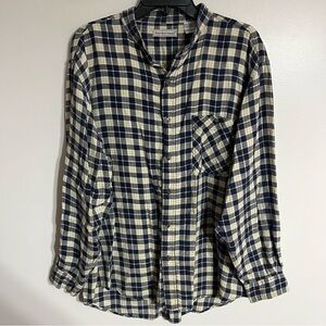 Bugle Boy Company Mens XL Blue Plaid Band Collar Ramie Cotton Shirt‎ Long Sleeve